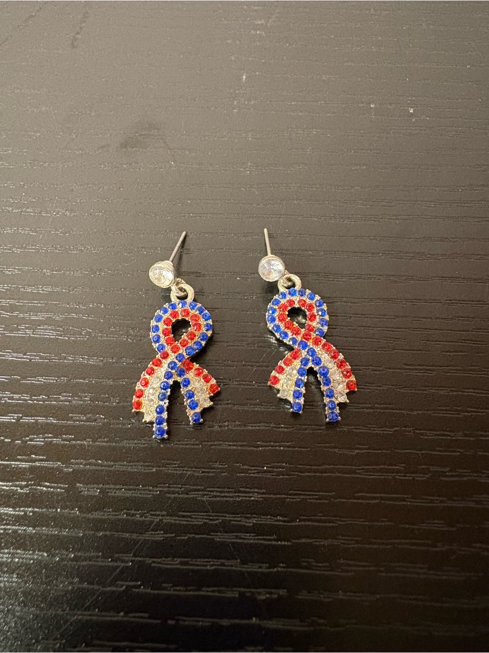 Red White Blue Rhinestone Awareness Ribbon Dangle Earrings Patriotic